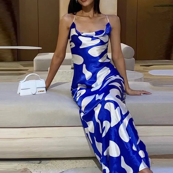 Blue and white Pattern Maxi Slip Dress - Picture 2 of 6